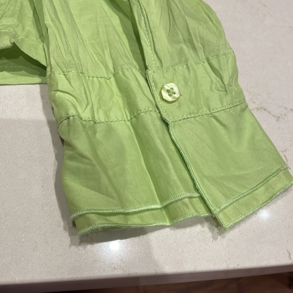 Chartreuse colored blouse with grey stenciling on front, one sleeve and back - Picture 8 of 11
